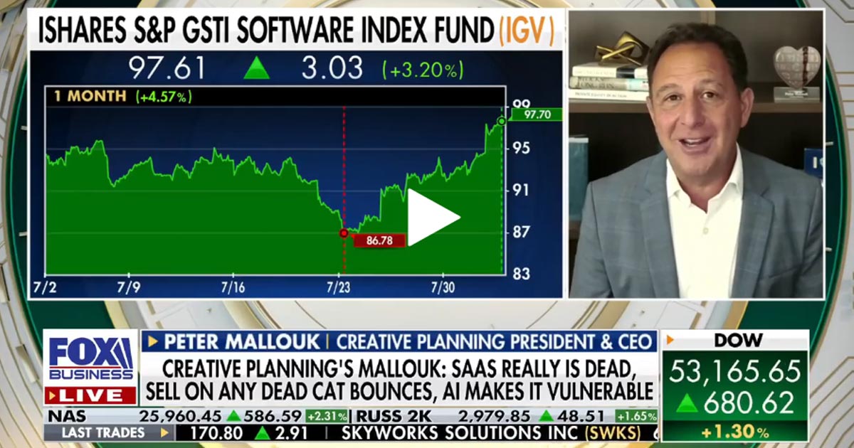 Peter Mallouk on Fox Business beside a software index fund chart