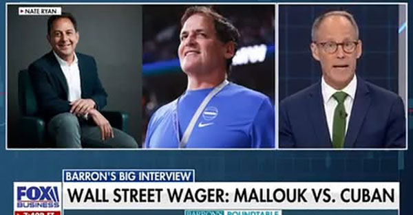 Fox Business screen with Peter Mallouk and Mark Cuban, captioned "Wall Street Wager: Mallouk vs. Cuban"
